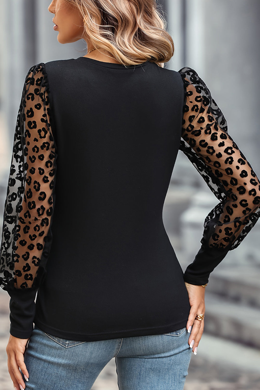 Black Leopard Mesh Puff Sleeve Patchwork Slim Fit Top-1
