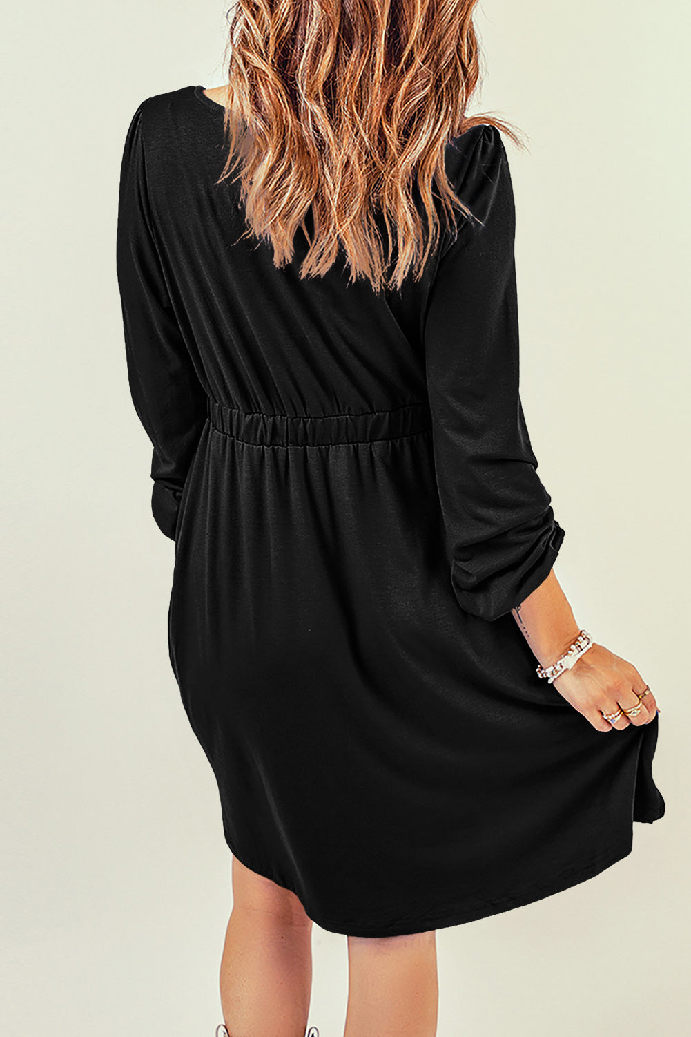 Black Button Up High Waist Long Sleeve Dress-1