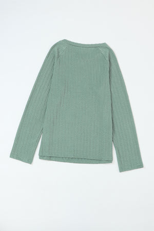 Green Ribbed Round Neck Knit Long Sleeve Top-5