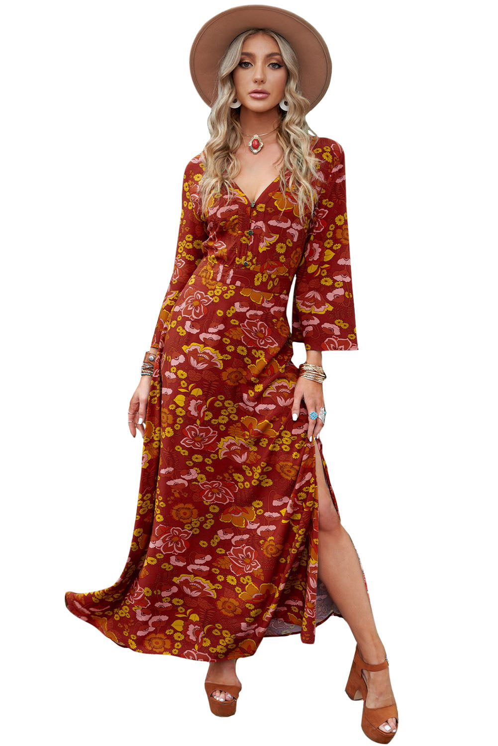 ΑΜΕΣΑ ΔΙΑΘΕΣΙΜΟ: χρωματιστό φλοράλ φόρεμα  με κουμπιά & V ντεκολτέ GEMMA