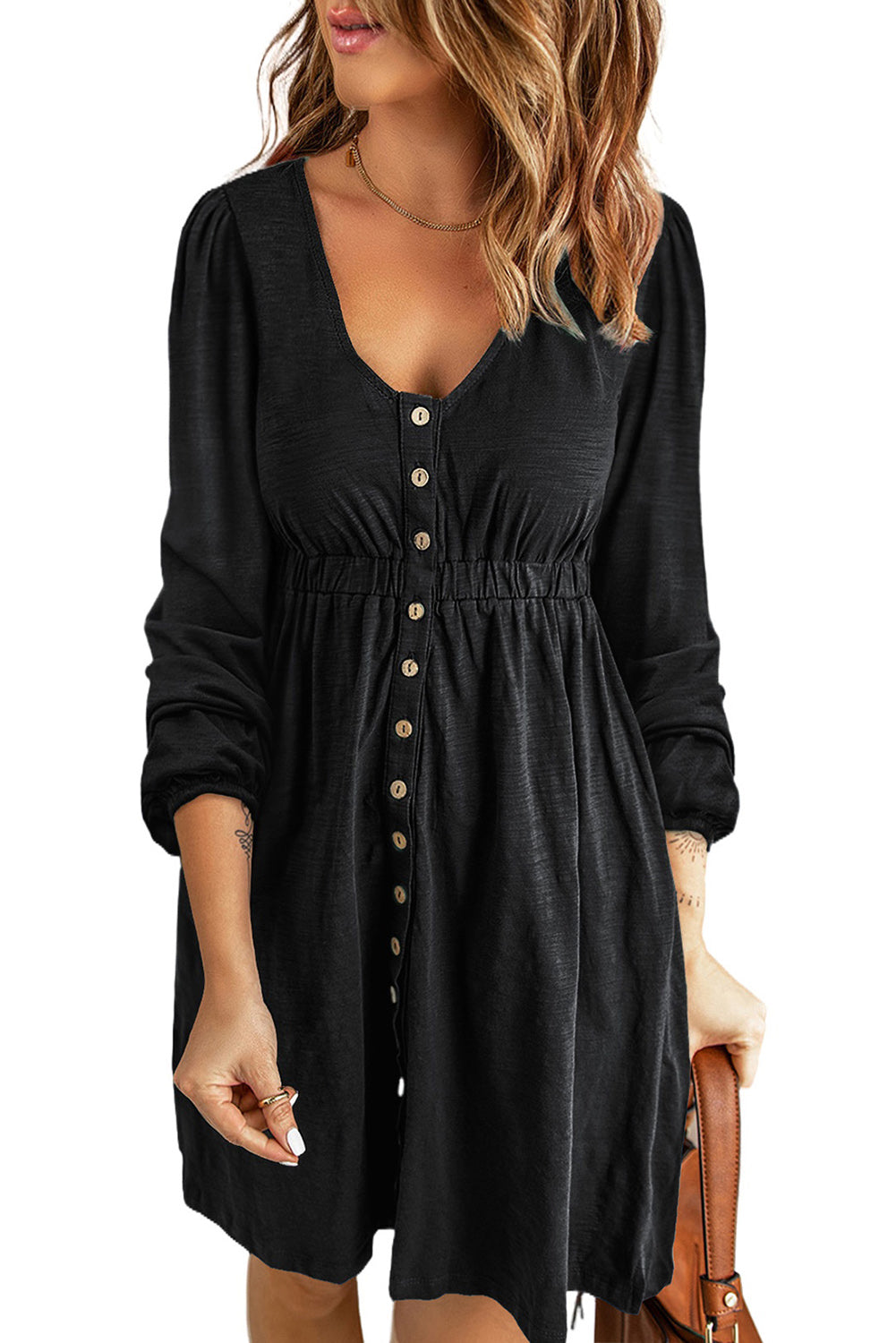 Black Button Up High Waist Long Sleeve Dress-18