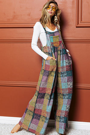 Multicolour Brushed Checkered Wide Leg Overalls-3