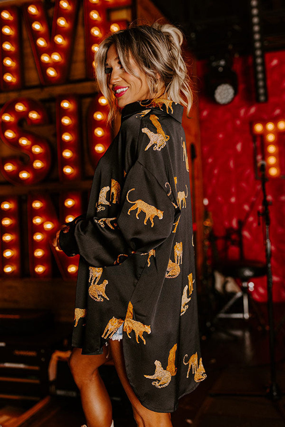 Black Cheetah Animal Print Button Up Satin Shirt-2