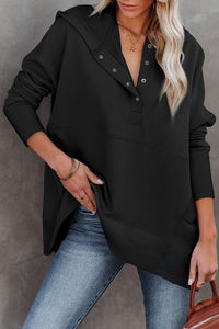 Black Batwing Sleeve Pocketed Henley Hoodie-0