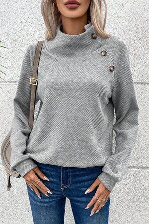 Gray Asymmetric Buttons Detail High Neck Textured Sweatshirt-3