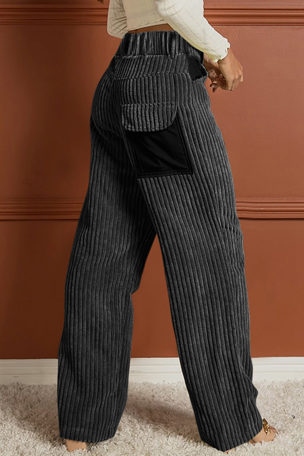 Gray Contrast Patched Pocket Corduroy Wide Leg Pants-1
