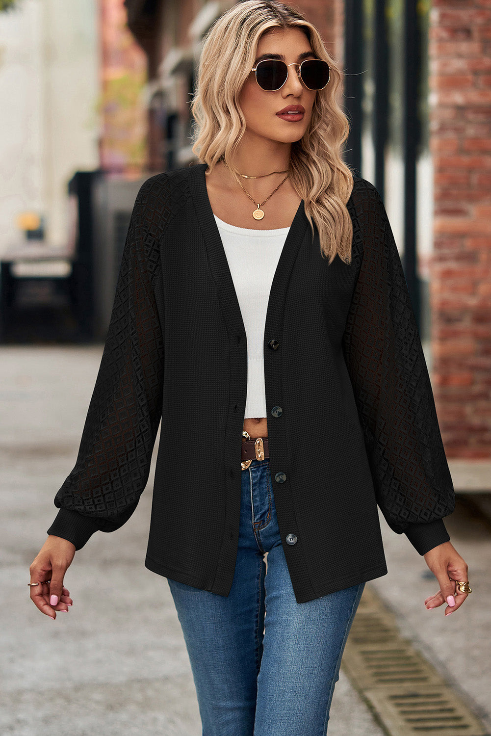 Black Waffled Knit Lace Long Sleeve Buttoned Cardigan-3