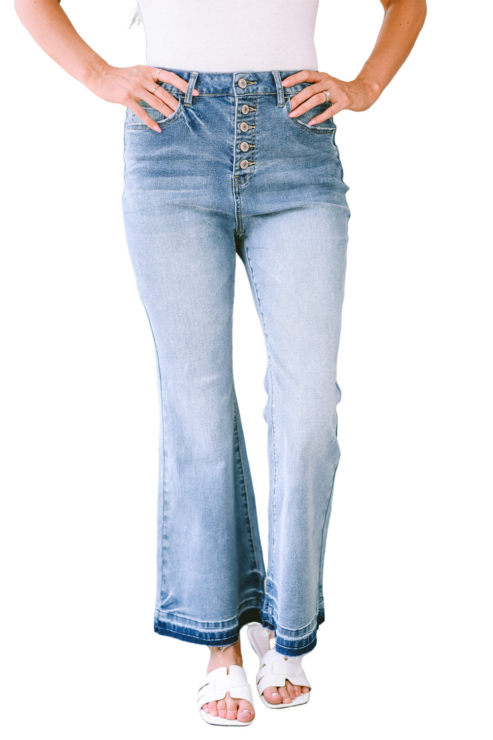 Sky Blue High Waist Buttoned Distressed Flared Jeans-17