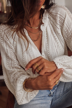 V-Neck Long Sleeve Button Up Lace Shirt-3