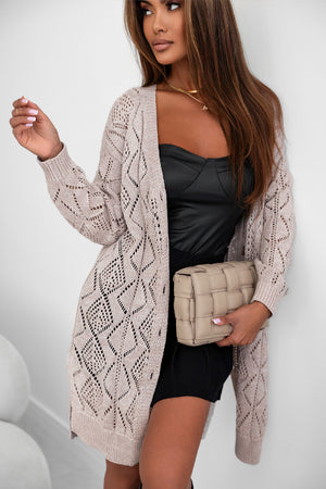 Khaki Hollow-out Openwork Knit Cardigan-6