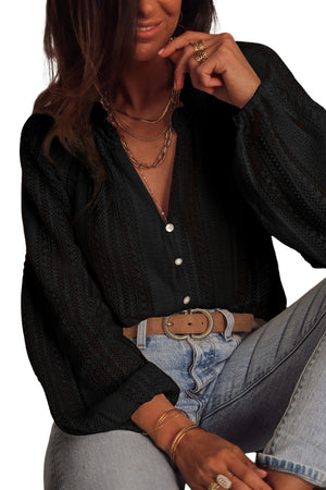 Black V-Neck Long Sleeve Button Up Lace Shirt-4