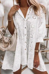 White Eyelet Floral Pattern Shirt Babydoll Dress-0