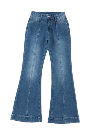 Blue High Waist Seam Stitching Pocket Flare Jeans-11