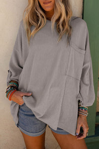 Gray Ribbed Roll-tab Sleeve Chest Pocket Oversize Top-0