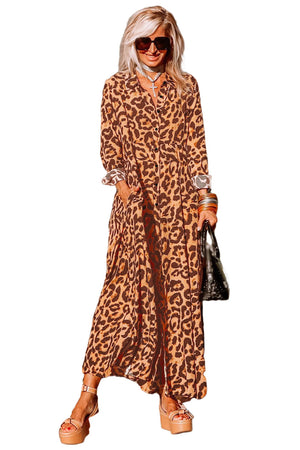 Leopard Button-Up Long Sleeve Maxi Dress-4