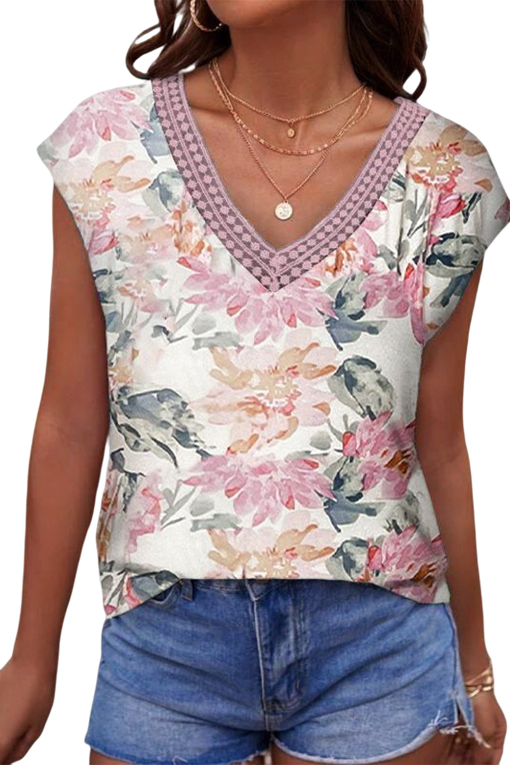 Pink Floral Print Lace Splicing Sleeveless Blouse-1