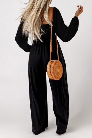 Black Smocked Square Neck Long Sleeve Wide Leg Jumpsuit-1