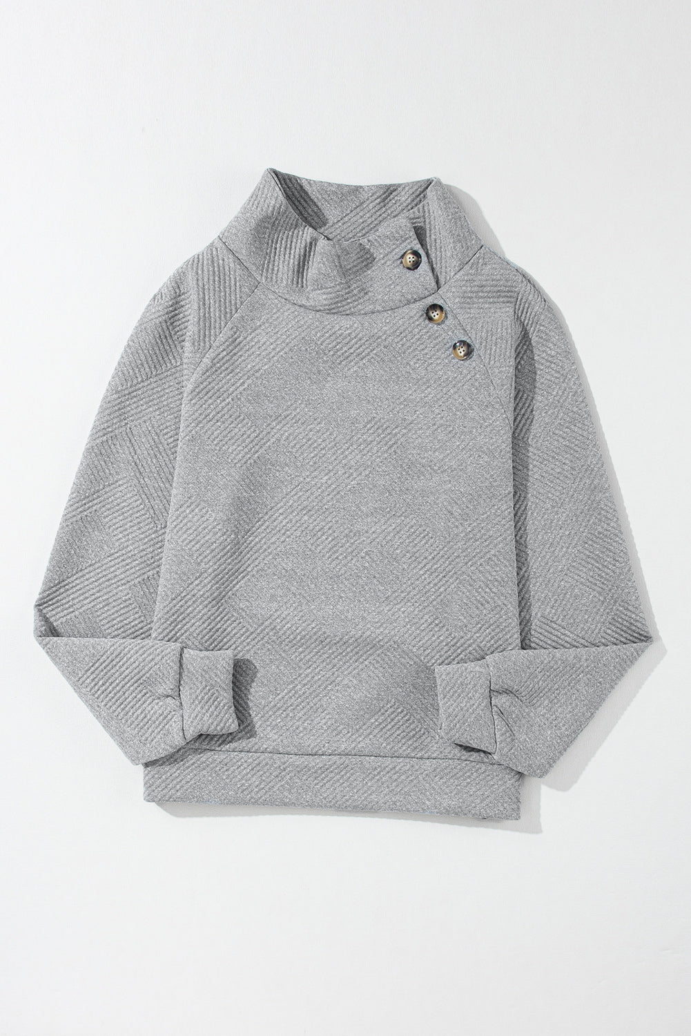 Gray Asymmetric Buttons Detail High Neck Textured Sweatshirt-7