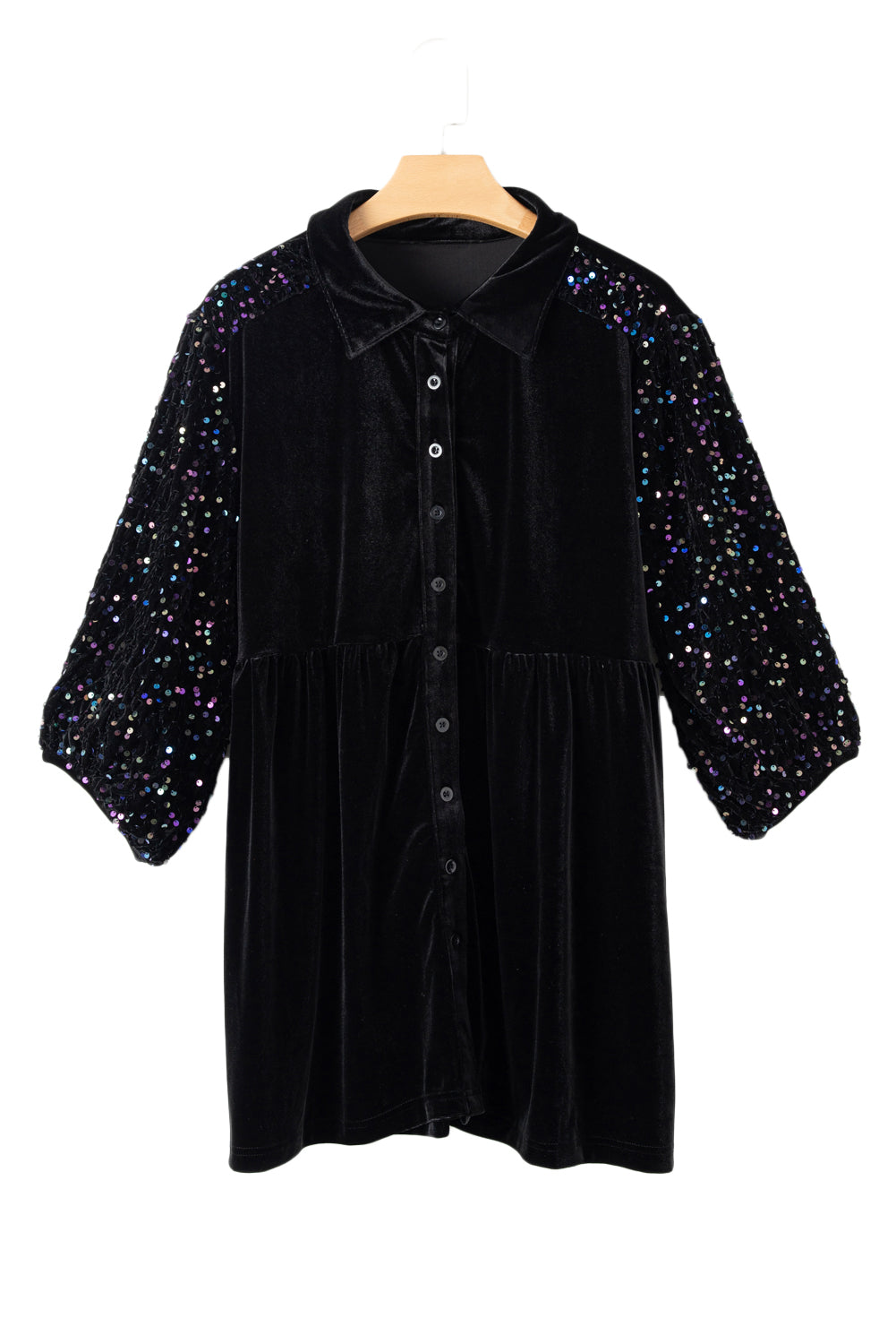 Black Sequin Puff Sleeve Buttoned Velvet Peplum Shirt-15