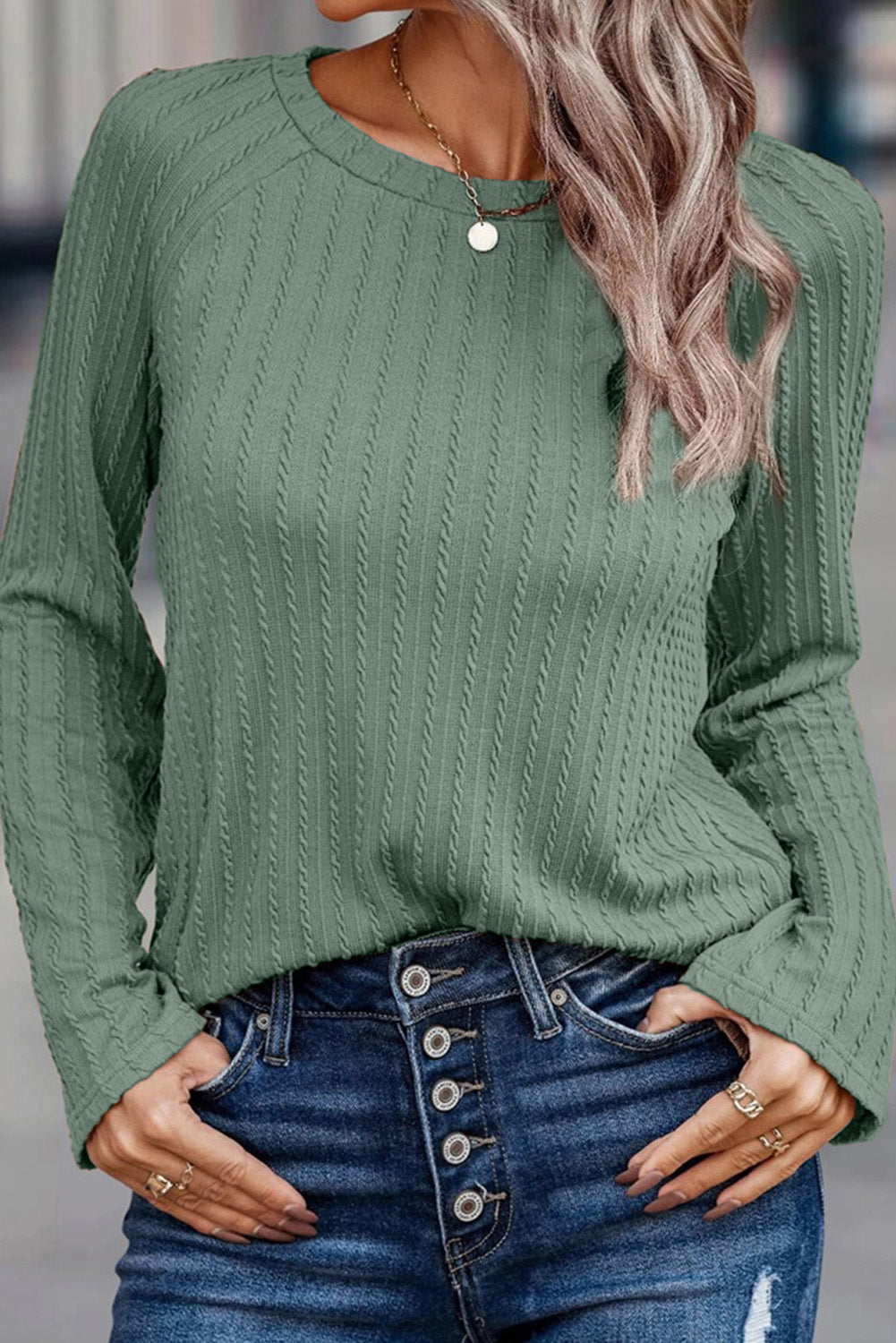 Green Ribbed Round Neck Knit Long Sleeve Top-3
