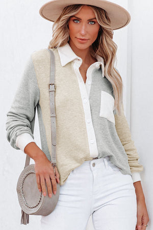 πλεκτό γκρι-μπεζ πουλόβερ με κουμπιά SHANITA