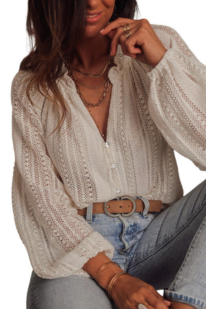White V-Neck Long Sleeve Button Up Lace Shirt-7