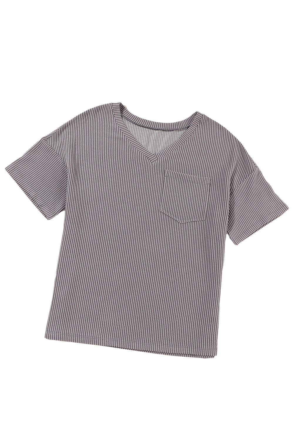 Light Grey Corded V Neck Chest Pocket Loose T-shirt-13
