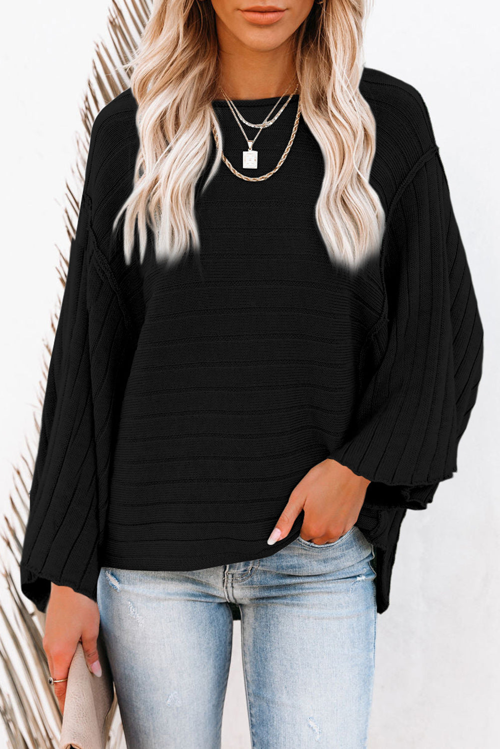 Black Exposed Seam Ribbed Knit Dolman Top-0