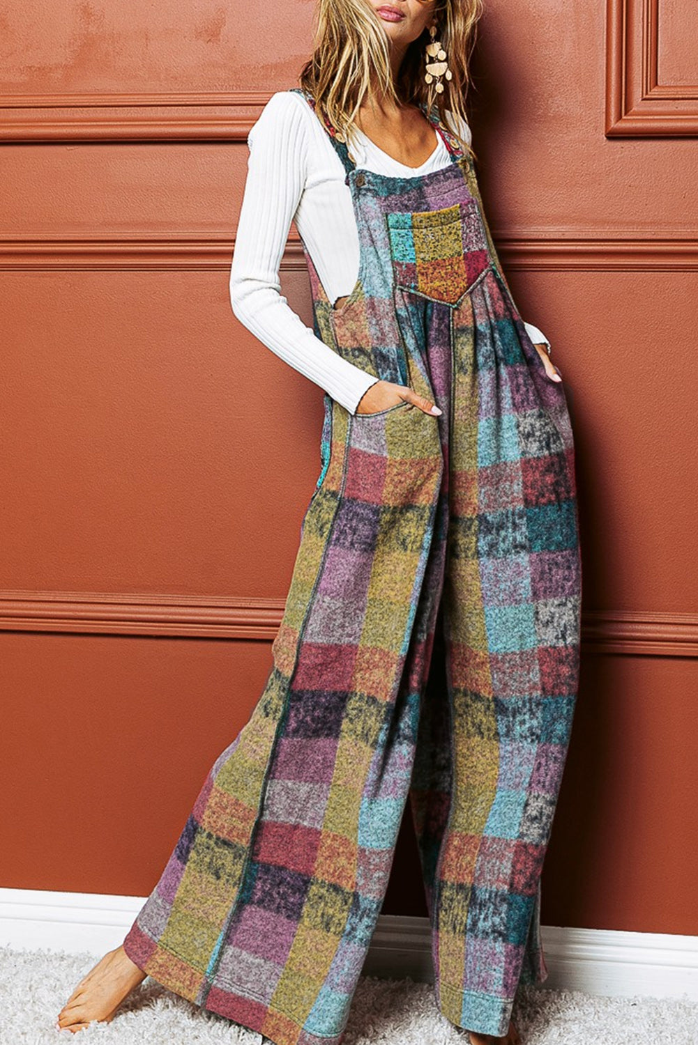 Multicolour Brushed Checkered Wide Leg Overalls-0