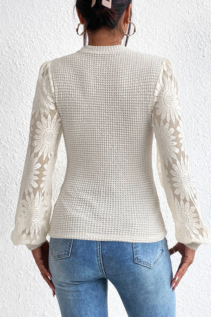 Beige Sunflower Mesh Bubble Sleeve Waffle Knit Top-1