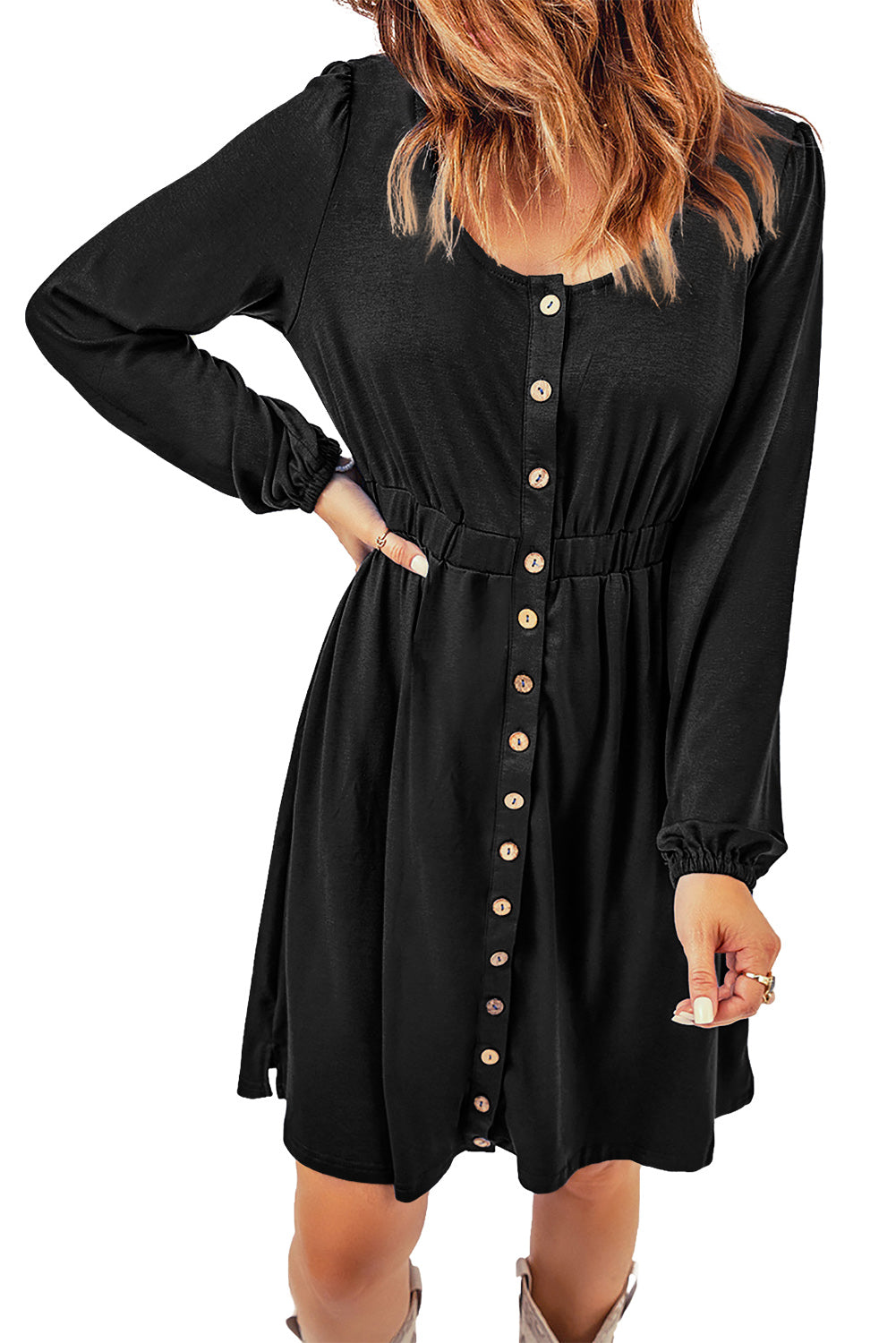Black Button Up High Waist Long Sleeve Dress-17