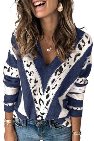 ΑΜΕΣΑ ΔΙΑΘΕΣΙΜΟ: μπλε λεοπάρ πουλόβερ με V ντεκολτέ MIKKI BLUE