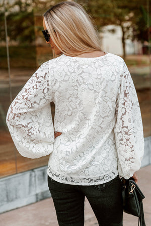 White Floral Lace Crochet Loose Fit V Neck Top-1