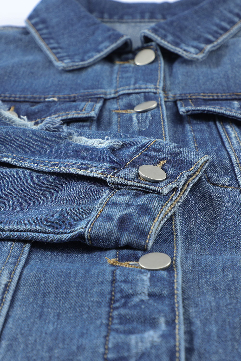 Blue Lapel Distressed Raw Hem Buttons Denim Jacket-15