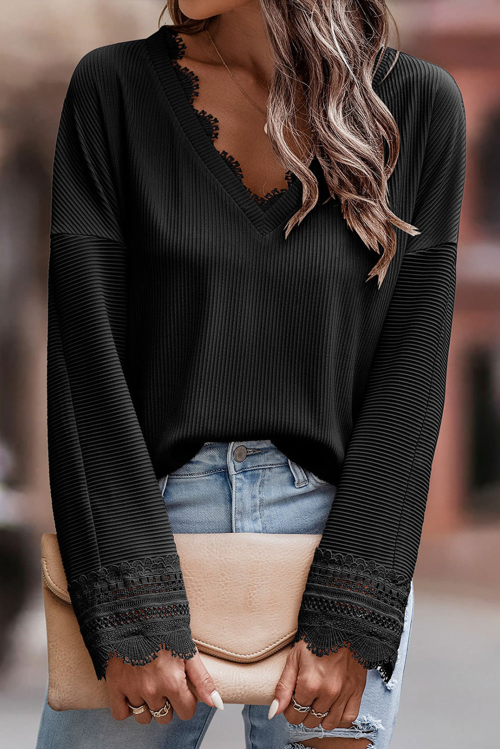 Black Ribbed Texture Lace Trim V Neck Long Sleeve Top-0