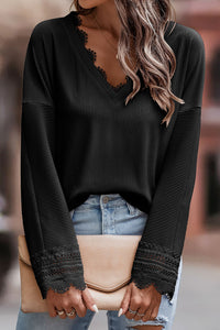Black Ribbed Texture Lace Trim V Neck Long Sleeve Top-0