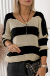 Black Contrast Striped V Neck Loose Sweater-0