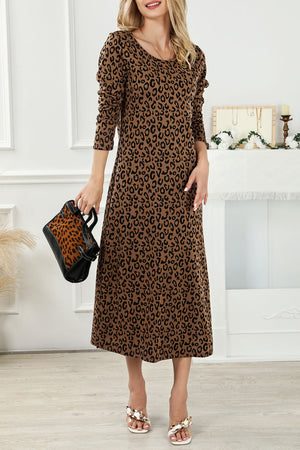 Leopard Round Neck Long Sleeve Split Dress-0