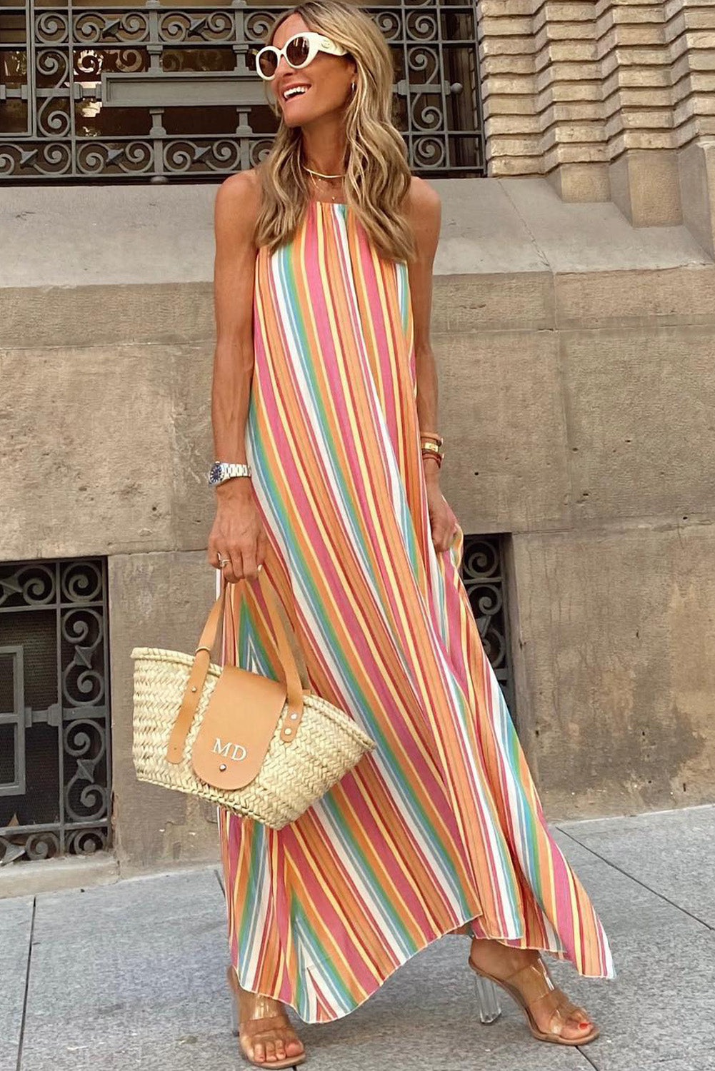 ριγέ χρωματιστό μάξι αμάνικο boho φόρεμα LIGIA