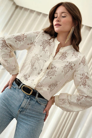 White Floral Lace Stand Neck Textured Shirt-3