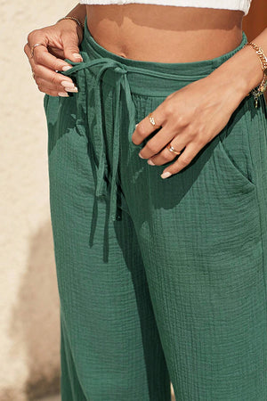 Mist Green Crinkle Textured Drawstring High Waist Wide Leg Pants-2