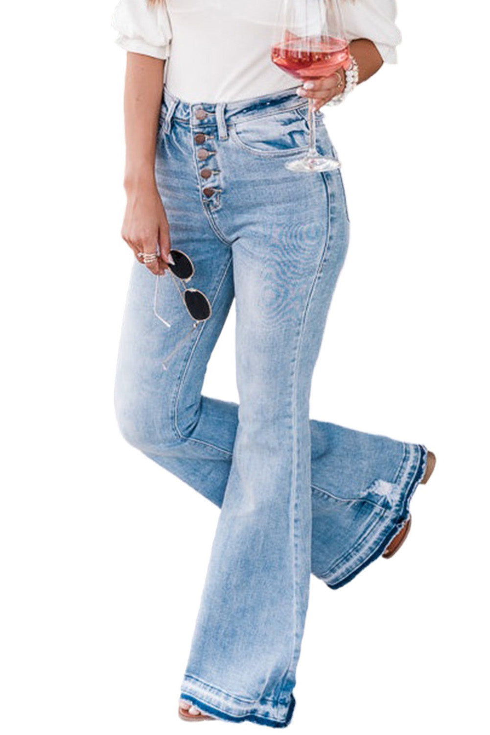 Sky Blue High Waist Buttoned Distressed Flared Jeans-16