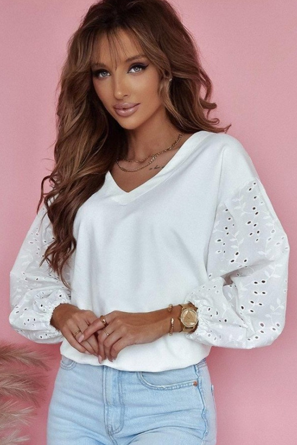 White V-neck Embroidered Patchwork Puff Sleeve Blouse-2