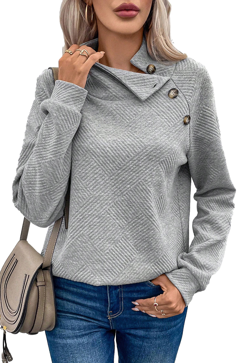 Gray Asymmetric Buttons Detail High Neck Textured Sweatshirt-6