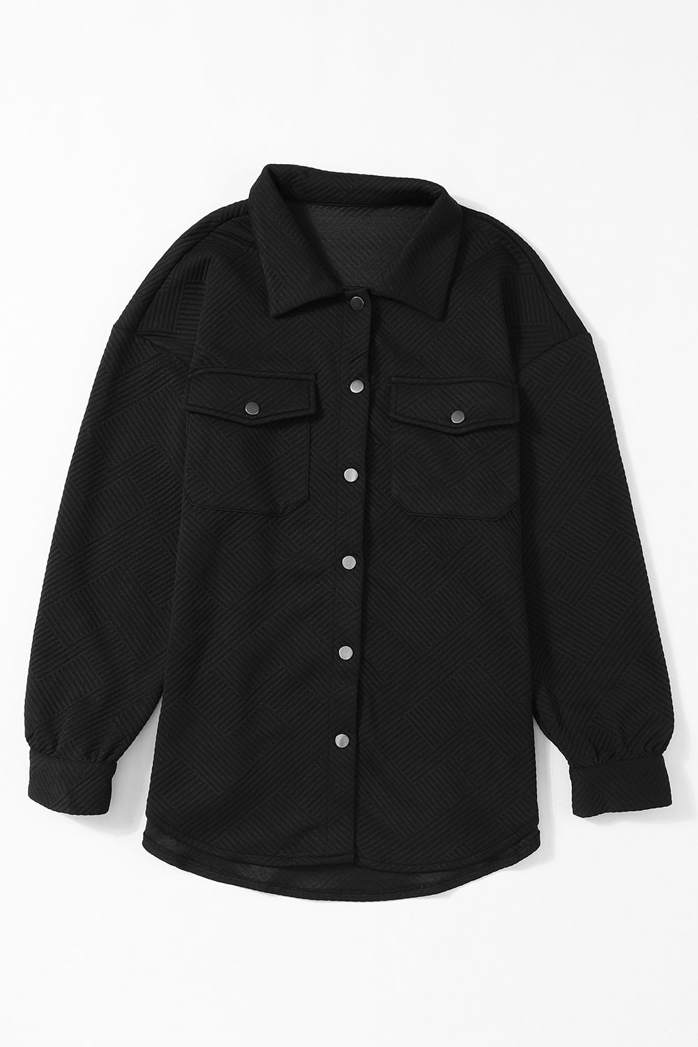 Black Solid Textured Flap Pocket Buttoned Shacket-5