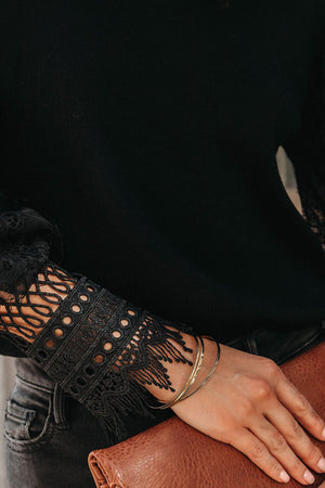 Black Sheer Lace Mesh Bishop Sleeve Top-5