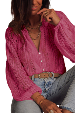 Rose V-Neck Long Sleeve Button Up Lace Shirt-11