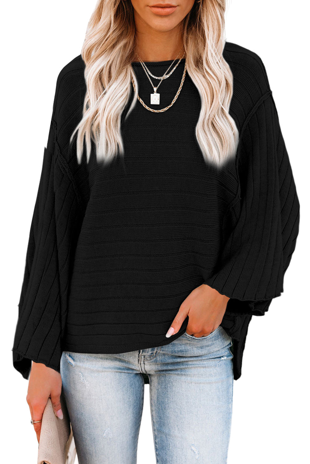 Black Exposed Seam Ribbed Knit Dolman Top-3