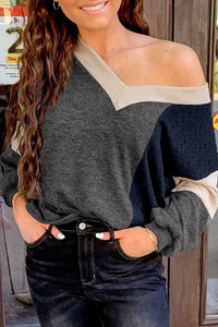 Black Brushed Contrast Knit V Neck Colorblock Long Sleeve Top-0