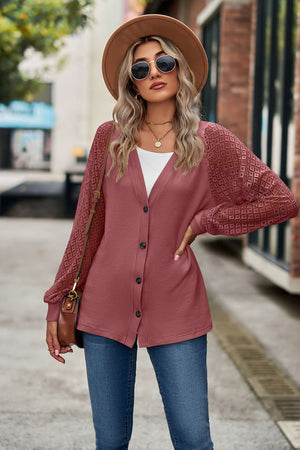 Waffled Knit Lace Long Sleeve Buttoned Cardigan-4